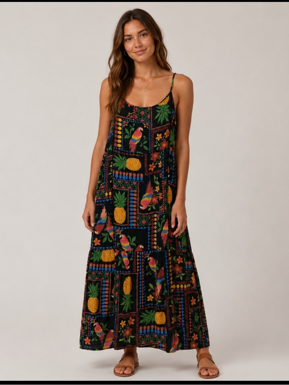 Room Service Tropical Print Sleeveless Tiered Maxi Lounge Dress/Night Gown - XL